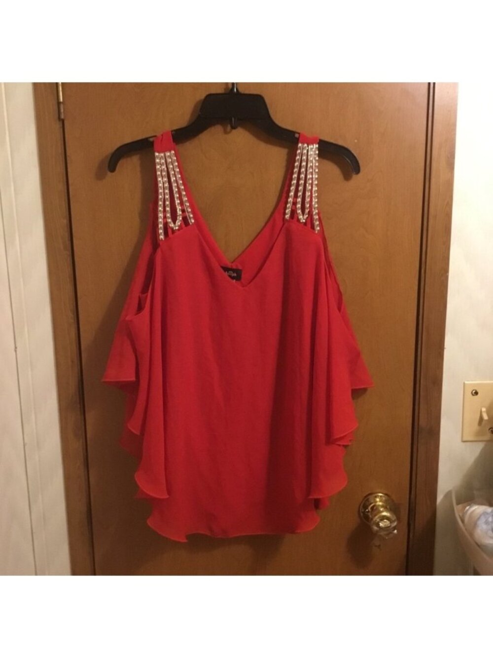 Red Rhinestone Stud Strap Dip Hem Flowy Two Layer Asymmetrical Tank Top 3XL